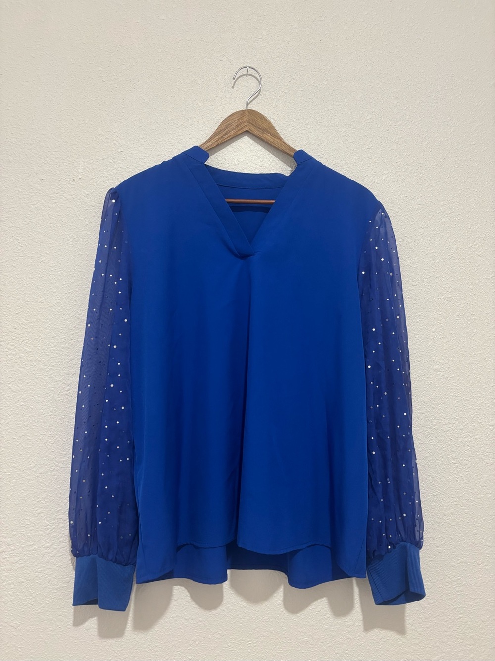 Women's Royal Blue V-Neck Blouse with Sheer Embellished Sleeves
